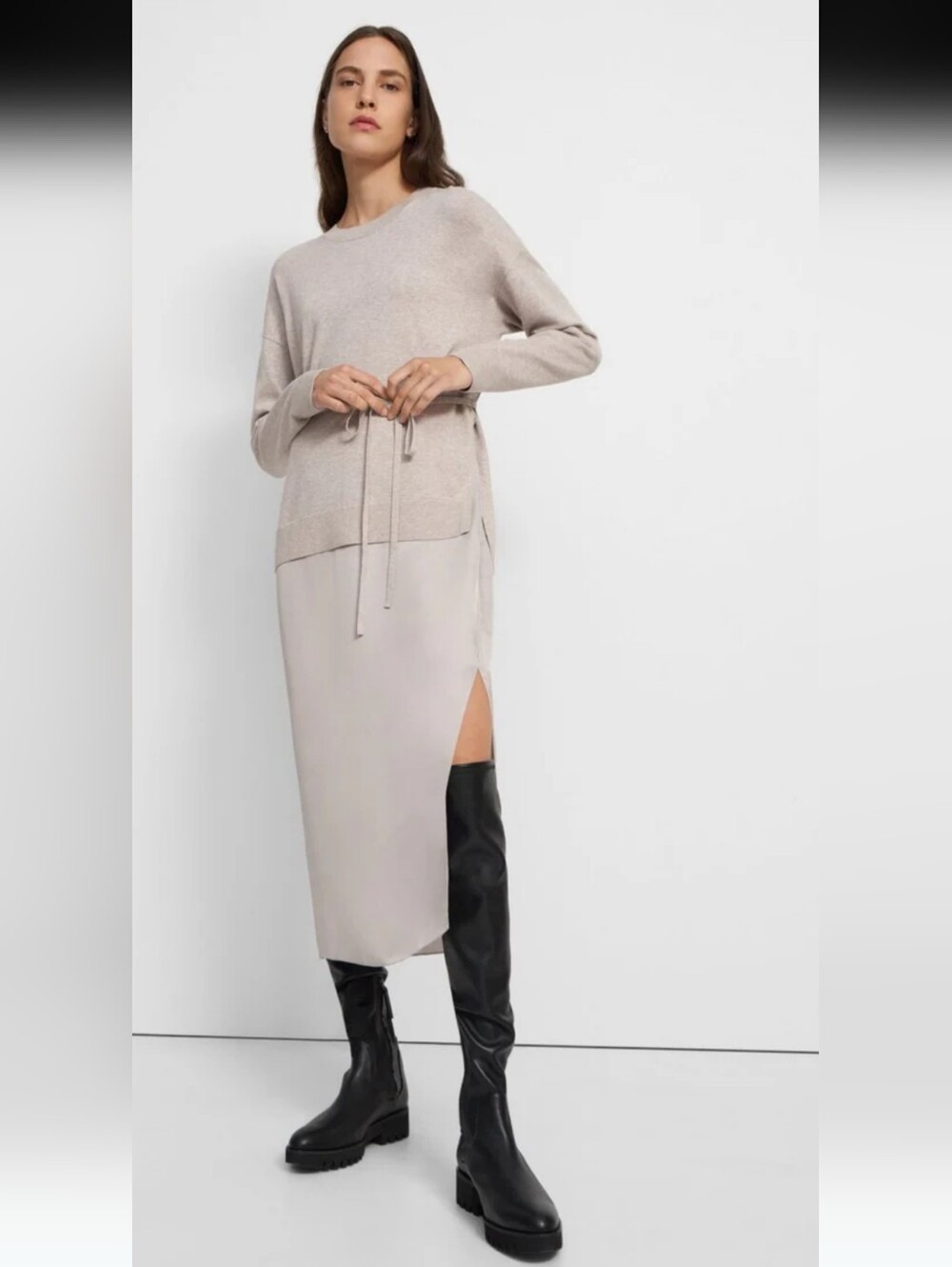 Theory Sweater Twill Combo Midi Dress in oatmeal, Skirt And  knit sweater